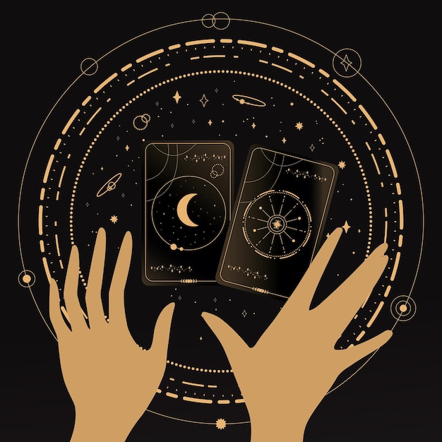 Vettore divinazione tarocchi su sfondo nero simbolismo dei tarocchi astrologia misterica esoterica
