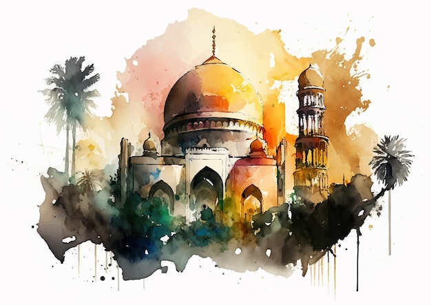 イスラム美術の水彩モスクの神の輝き