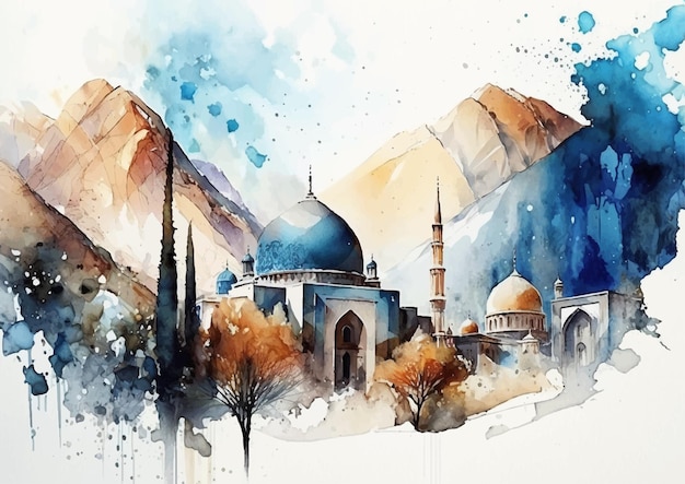 Divine Splendor in Watercolor Mosques of Islamic Art