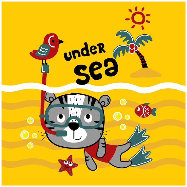 diving cat on the sea funny animal cartoon