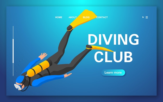 Diving club landing page. diver floating under water.