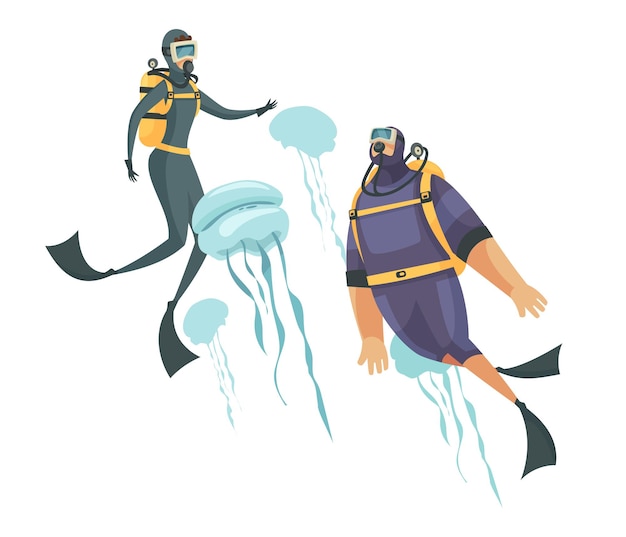 Diving composition with characters of two scuba divers floating with jelly fishes vector illustration
