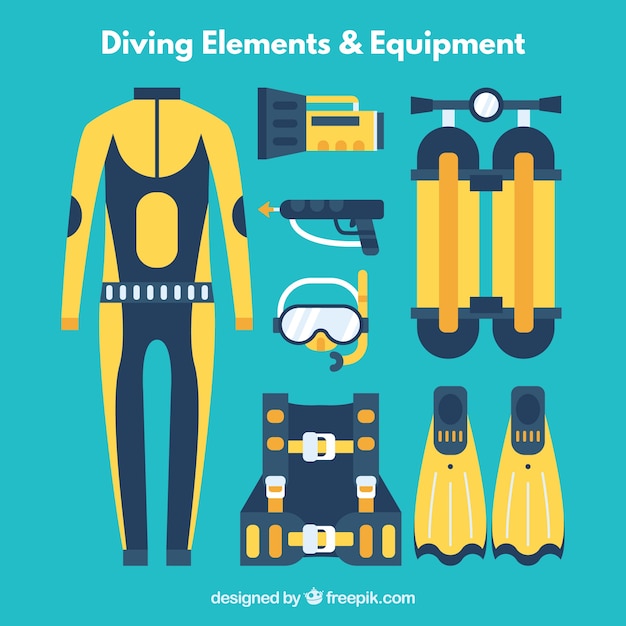青と​​黄色の色でフラットなデザインのダイビング要素および機器