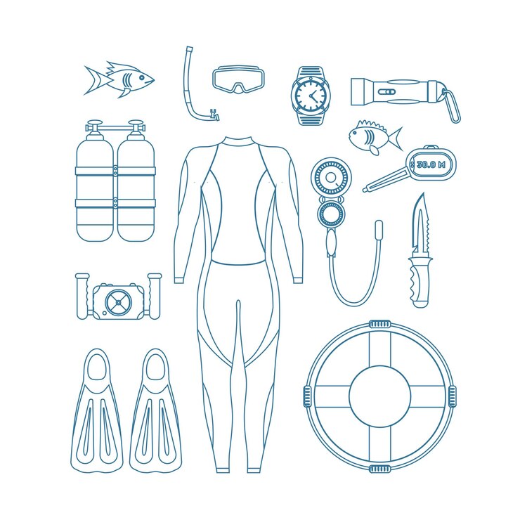 Vector diving equipment thin line set. mask and snorkel or scuba, flippers and suit for swimming design style. vector illustration