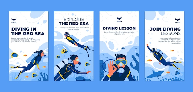 Diving hand drawn flat ig stories set