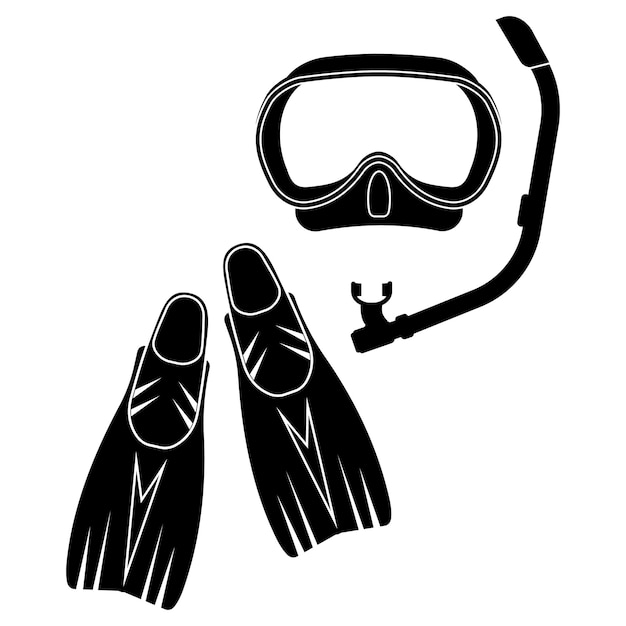 Vector diving mask and fins, isolated vector illustration, black silhouette icon