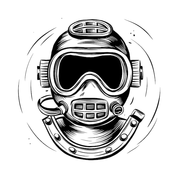 Diving mask monochrome ink sketch vector drawing engraving style illustration