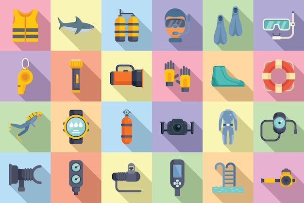 Diving school icons set flat vector Beach active