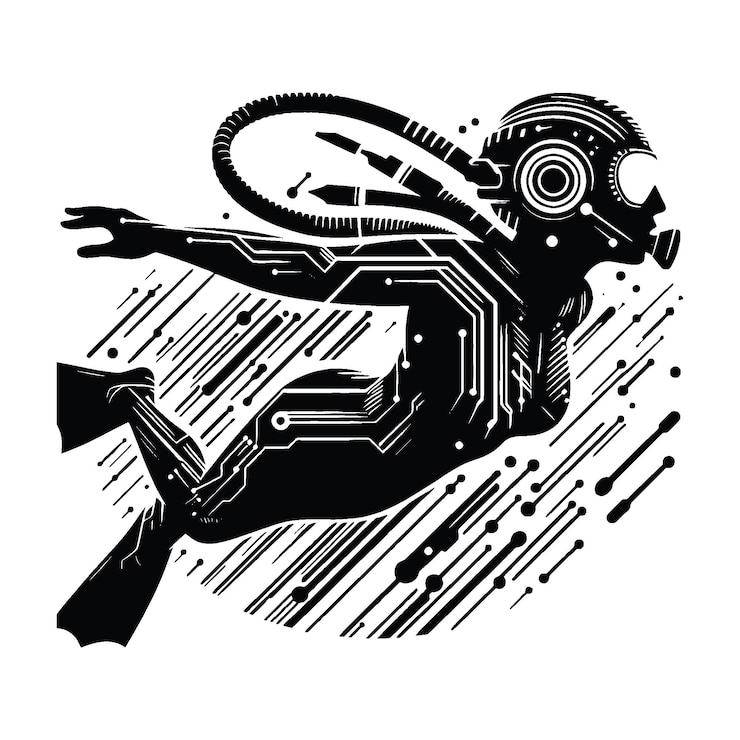 Vector diving scuba female player in cyberpunk pattern illustration emblem shield badge