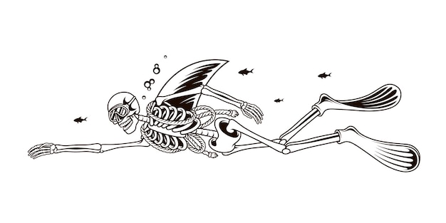 Vector diving skull with shark fin decoration on its back