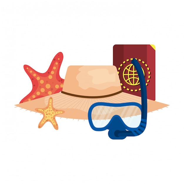 Diving snorkel mask and passport with straw hat