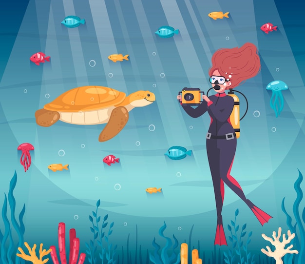 Diving snorkeling composition with cartoon fishes and female character taking photo of turtle under the water