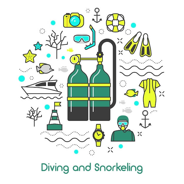 Vettore set di icone attrezzatura subacquea snorkeling immersioni