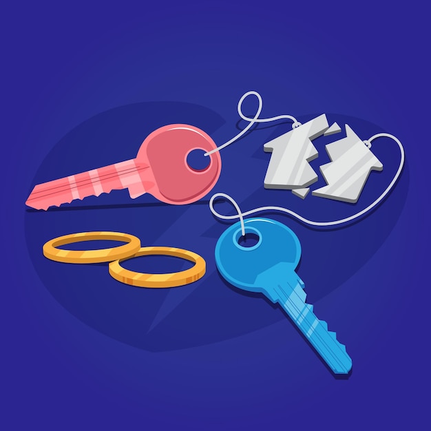 Vector divorce concept with keys and wedding rings