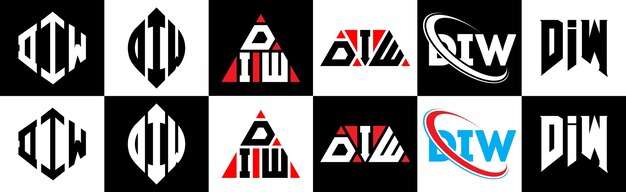 Вектор Дизайн логотипа буквы diw в шести стилях diw многоугольник круг треугольник шестиугольник плоский и простой стиль с черно-белой цветовой вариацией логотип буквы diw минималистский и классический логотип
