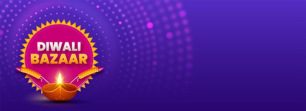 Diwali Bazaar Banner or Header with Realistic Lit Oil Lamp Diya Fireworks Rocket Against Purple Circular Dotted Background Indian Light Festival Sale Concept