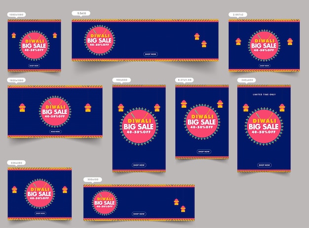Diwali big sale social media templates collection with 40-50% discount offer and hanging lamps on blue background.