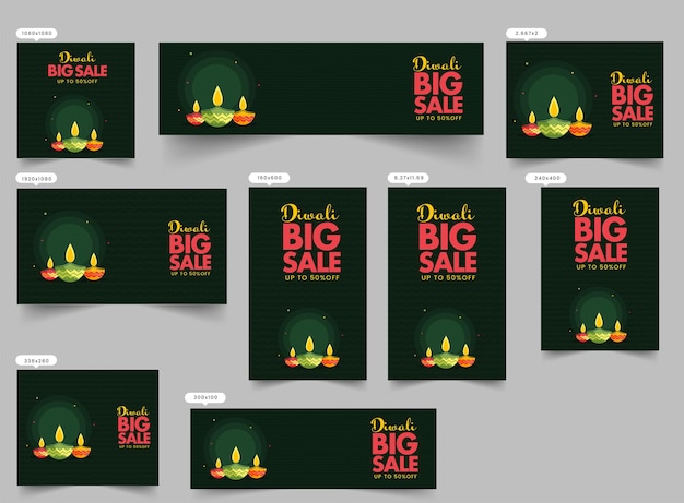 Diwali big sale social media templates collection with 50% discount offer and lit oil lamps (diya) on green background.