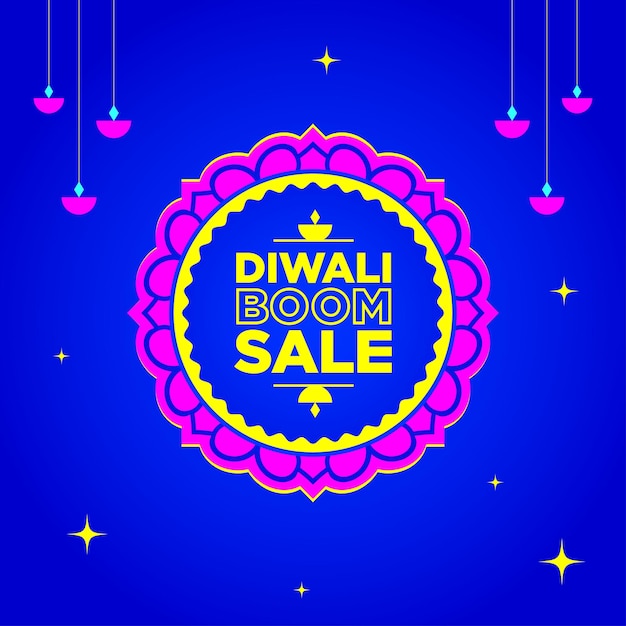 Diwali Boom Sale은 전통적인 rangoli 그래픽과 교수형 램프가 있는 로고 유닛을 제공합니다.