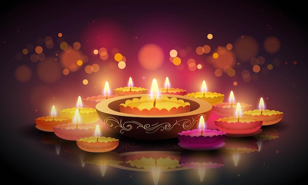 Vector diwali celebration background with illuminated oil lamps diya