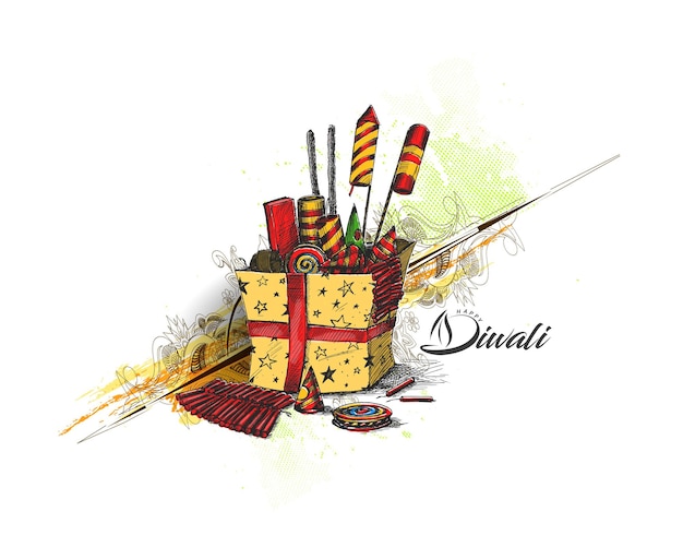 Diwali crackers met geschenkdoos, Hand getrokken schets vectorillustratie.