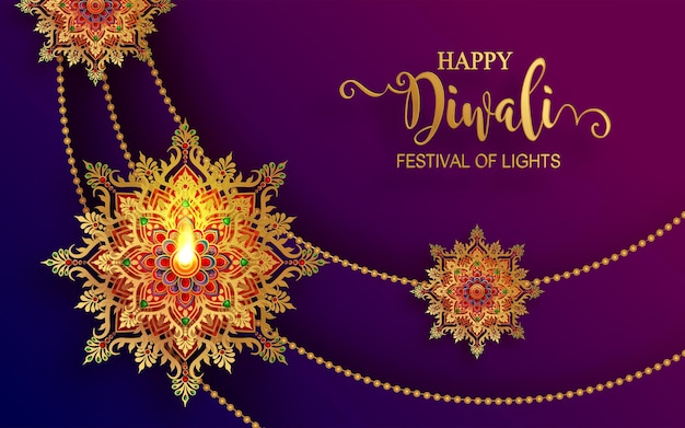 Diwali, deepavali or dipavali the festival of lights india with gold diya patterned and crystals on paper color background.