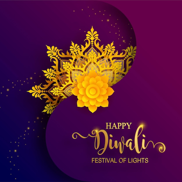 Diwali, deepavali o dipavali il festival delle luci india con oro diya modellato e cristalli su sfondo di colore della carta.