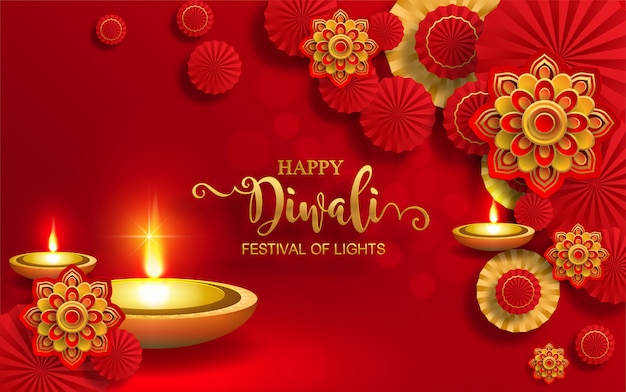 Diwali, deepavali o dipavali il festival delle luci dell'india con il diya dell'oro modellato e cristalli sul fondo di colore di carta.