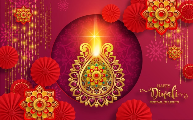 Diwali, deepavali o dipavali il festival delle luci dell'india con il diya dell'oro modellato e cristalli sul fondo di colore di carta.
