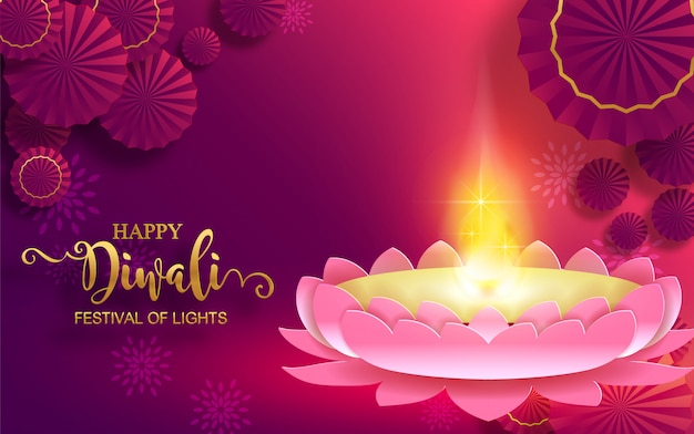 ディワリ、ディーパバリまたはディパヴァリゴールドdiyaのパターンと紙の色の背景に結晶とインドの光のお祭り。