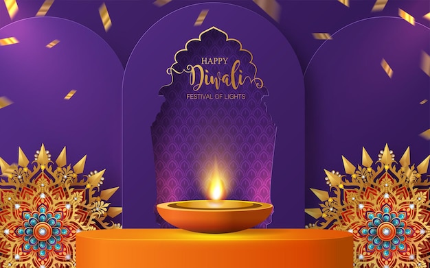 Diwali, Deepavali or Dipavali the festival of lights india with gold diya on podium, patterned and crystals on paper color Background.