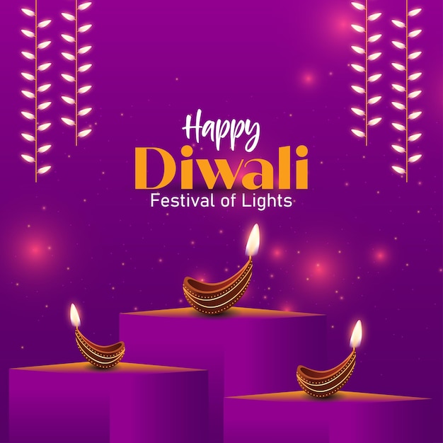ディワリ・ディパヴァリまたはディパヴァリ ライトの祭り インド 金色のディヤが表彰台に