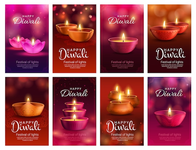 Diwali or Deepavali diya lamp of Indian light festival and Hindu religion holiday greeting. Deepawali oil lamps, decorated with rangoli pattern, paisley flowers and bokeh lights