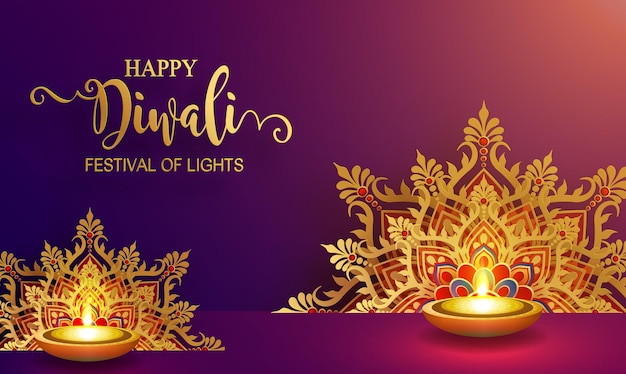 Diwali, deepavali of dipavali het festival van lichten india met gouden diya patroon en kristallen op papier kleur achtergrond.