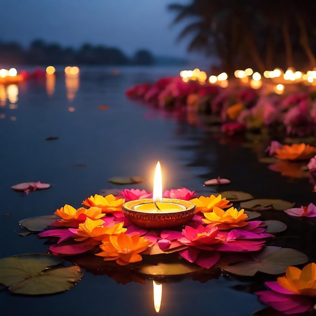 Diwali Diya on flowers in a lake in India