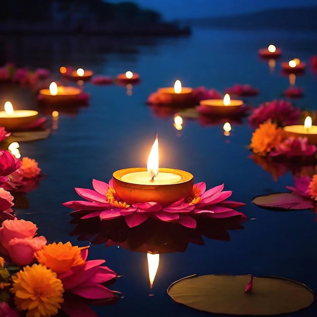 Diwali Diya on flowers in a lake in India