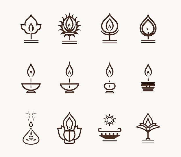 Diwali Diya icon sets on plain background Single line art