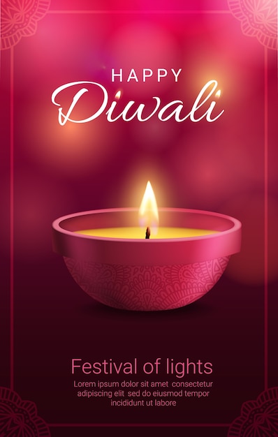 Diwali diya-lamp met frame van rangoli-decoratie.