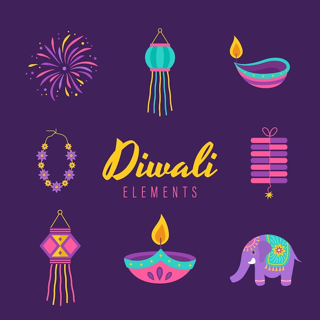 Diwali elements indian festival of lights icon set colorful deepavali signs on purple background vector illustration in flat cartoon style