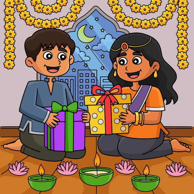 वेक्टर diwali exchanging gifts colored cartoon