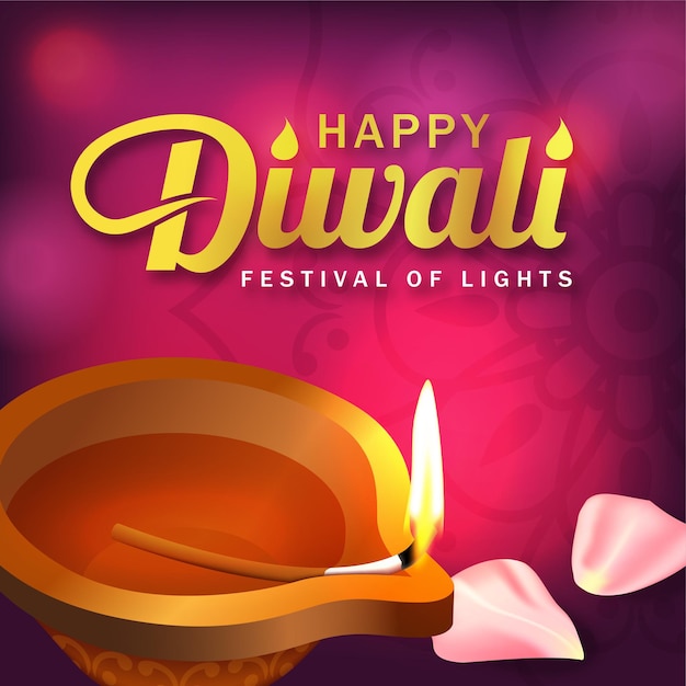 Diwali festival banner met Diya olielamp op paarse achtergrond. Vector