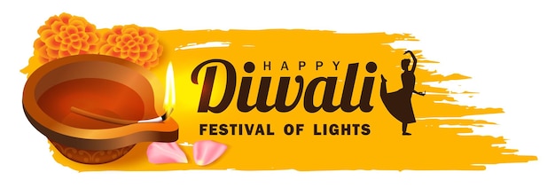 Vettore banner del festival diwali con lampada a olio diya e fiori su sfondo giallo. vettore