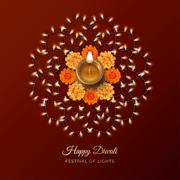 Diwali festival card with diya lamp, flowers and rangoli ornament formed of garland of light bulbs