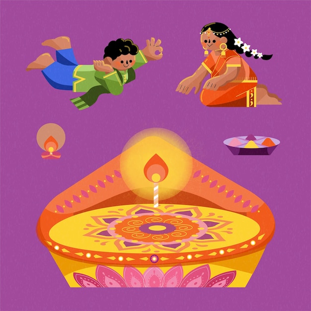 Vector diwali festival graphic elements with two indian children characters rangoli on large diya lamp and color powder in plate isolated on purple background