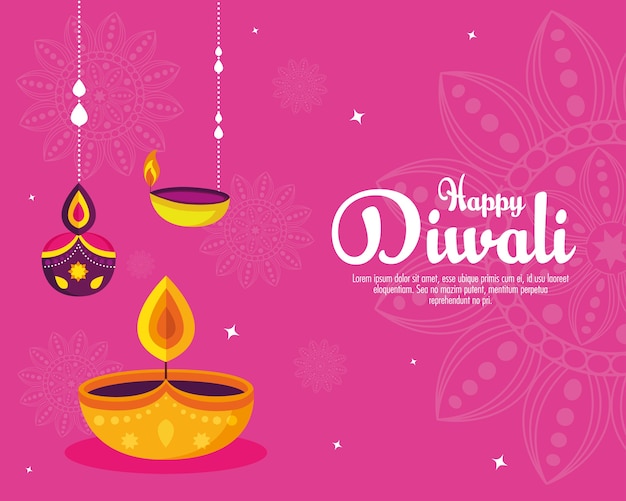 Diwali festival holiday with candles hanging on pink background.