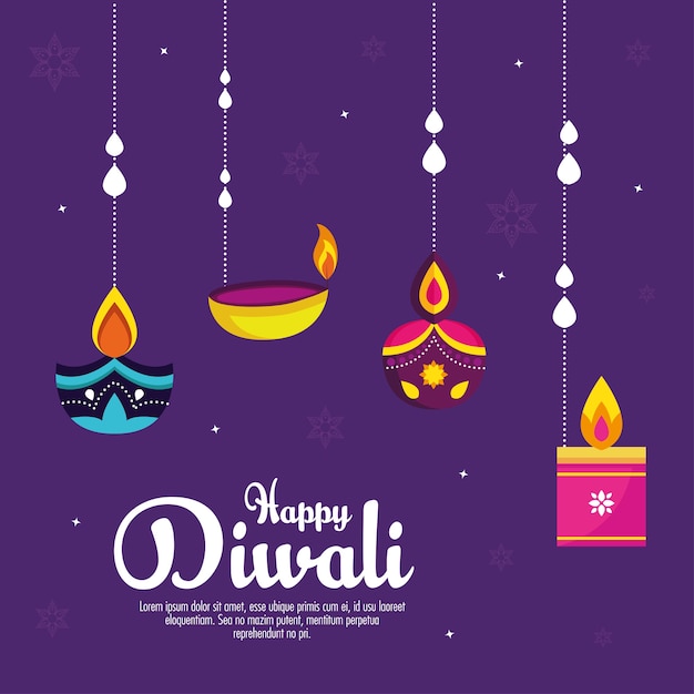 Diwali festival holiday with candles hanging on purple background.