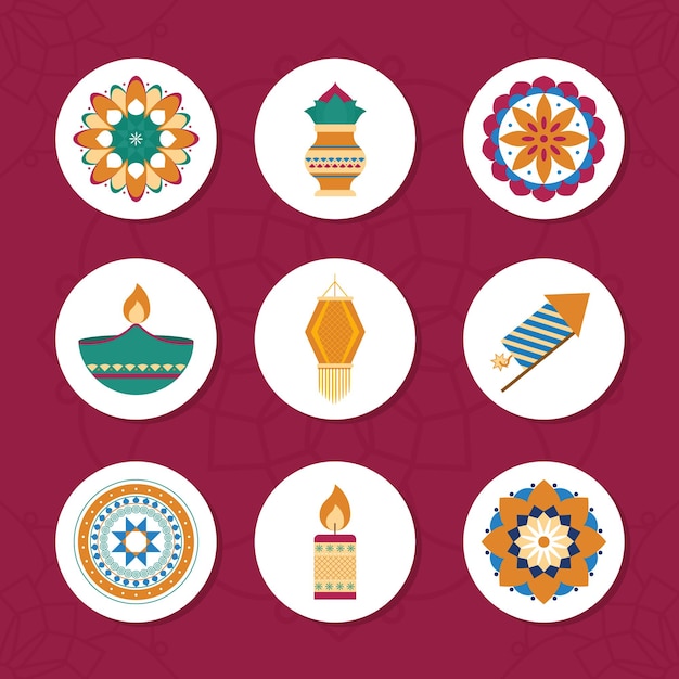 Diwali festival icon set