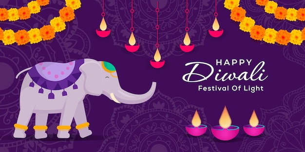 Diwali festival illustration banner with a elephant flowers and diya
