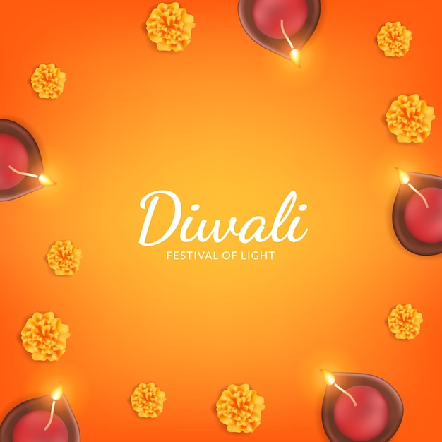 Diwali festival della luce con decorazione a cornice di fiori di calendula con sfondo arancione
