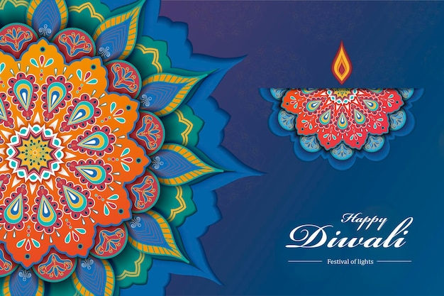 Vector diwali festival paper art design with beautiful rangoli and oil lamp design in blue tone